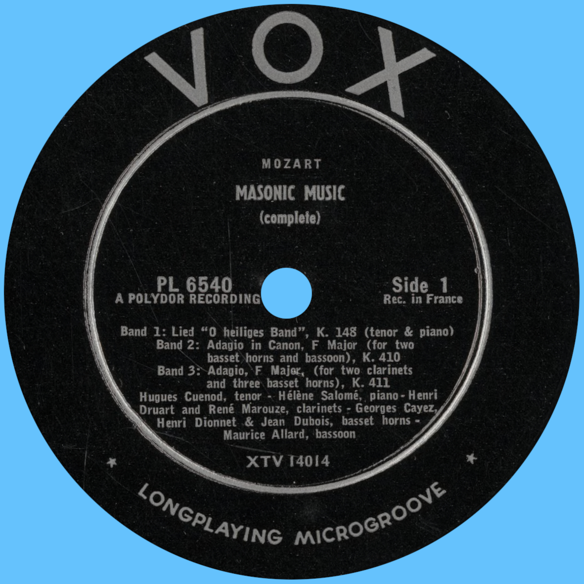 Étiquette recto du premier disque de l'album VOX PL 6540