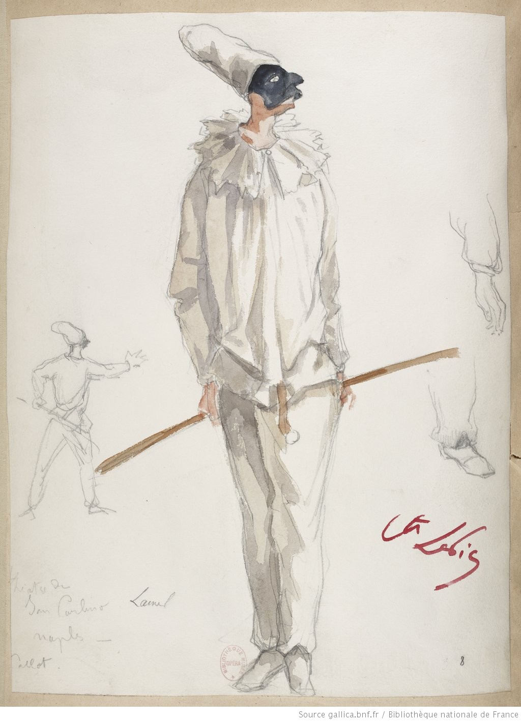 «Pulcinella», des vingt maquettes de costumes «Les jumeaux de Bergame» dessinés par le comte Lepic, Ludovic Napoléon (1839-1889); Date d'édition: 1885-1886; 20 dess. aquarelles H. 270-375 x L. 260-380 mm; Droits:  domaine public; Identifiant:  ark:/12148/btv1b8455832q, Source:  Bibliothèque nationale de France, Relation: Les jumeaux de Bergame: ballet-arlequinade en un acte / chorégraphie de Louis Mérante. - Paris, Théâtre national de l'Opéra - Palais Garnier, 26-01-1886; Notice du catalogue: http://catalogue.bnf.fr/ark:/12148/cb40916280q - Cliquer sur la photo pour l'original et ses références