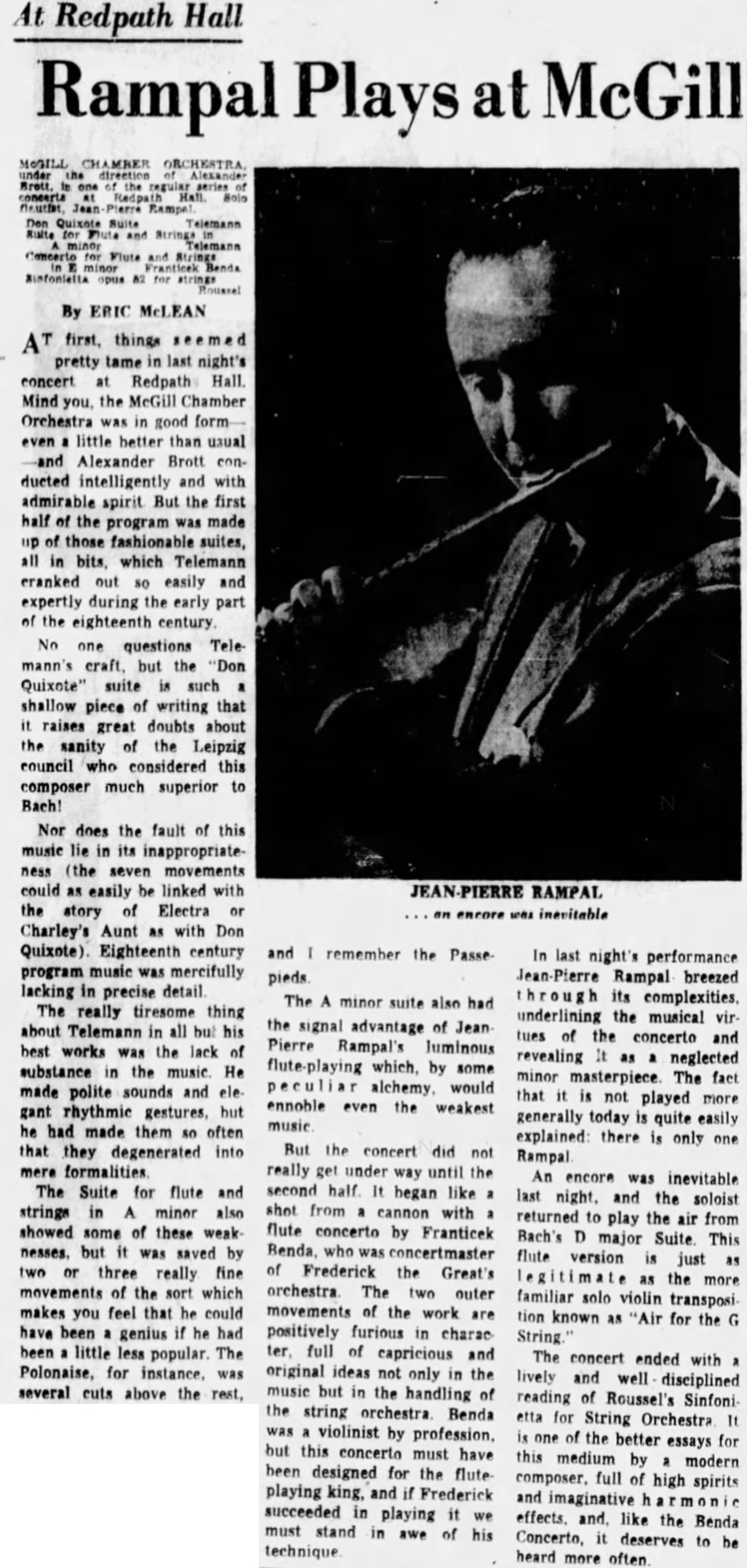 Compte-rendu de Eric McLean publié dans «<i>The Gazette</i>» de Montreal du 28 novembre 1965 en page 41
