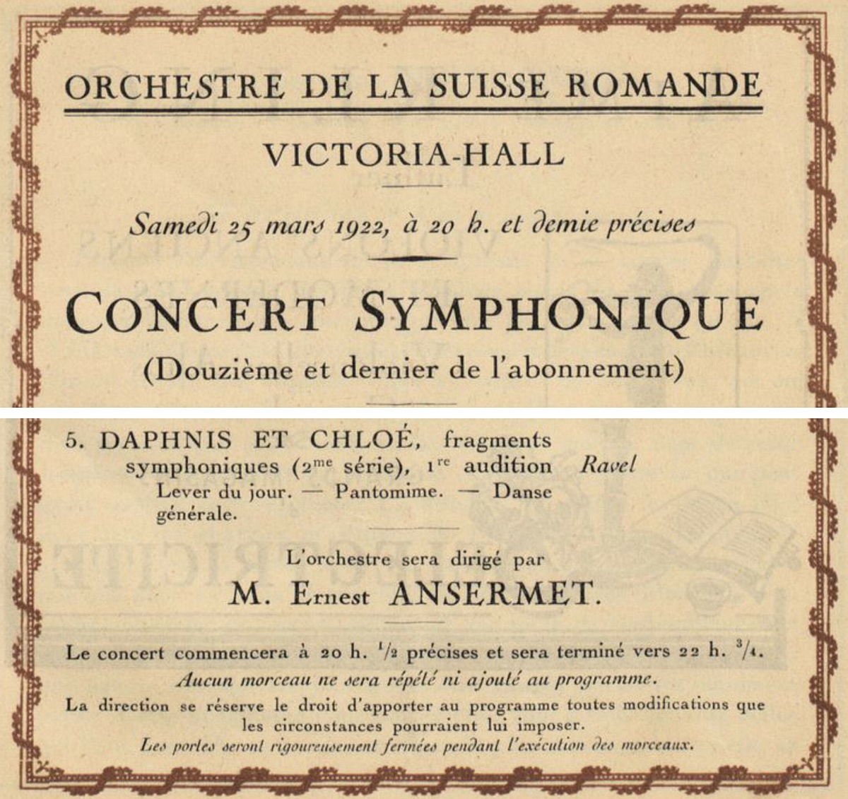 Ravel, 2e suite Daphnis et Chloe, 1ère audition Genève