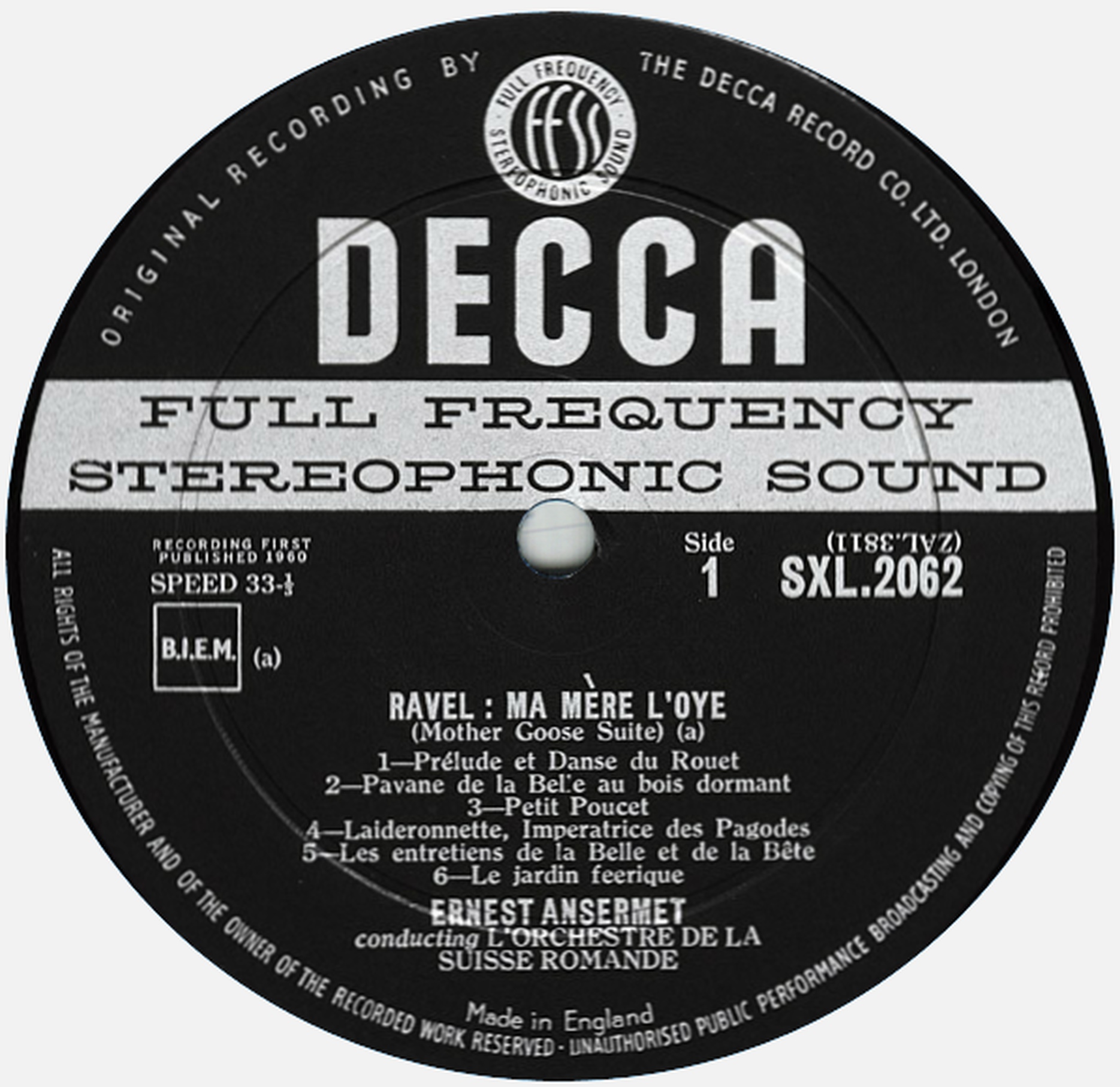 Disque Decca SXL 2062, étiquette recto, cliquer pour une vue agrandie