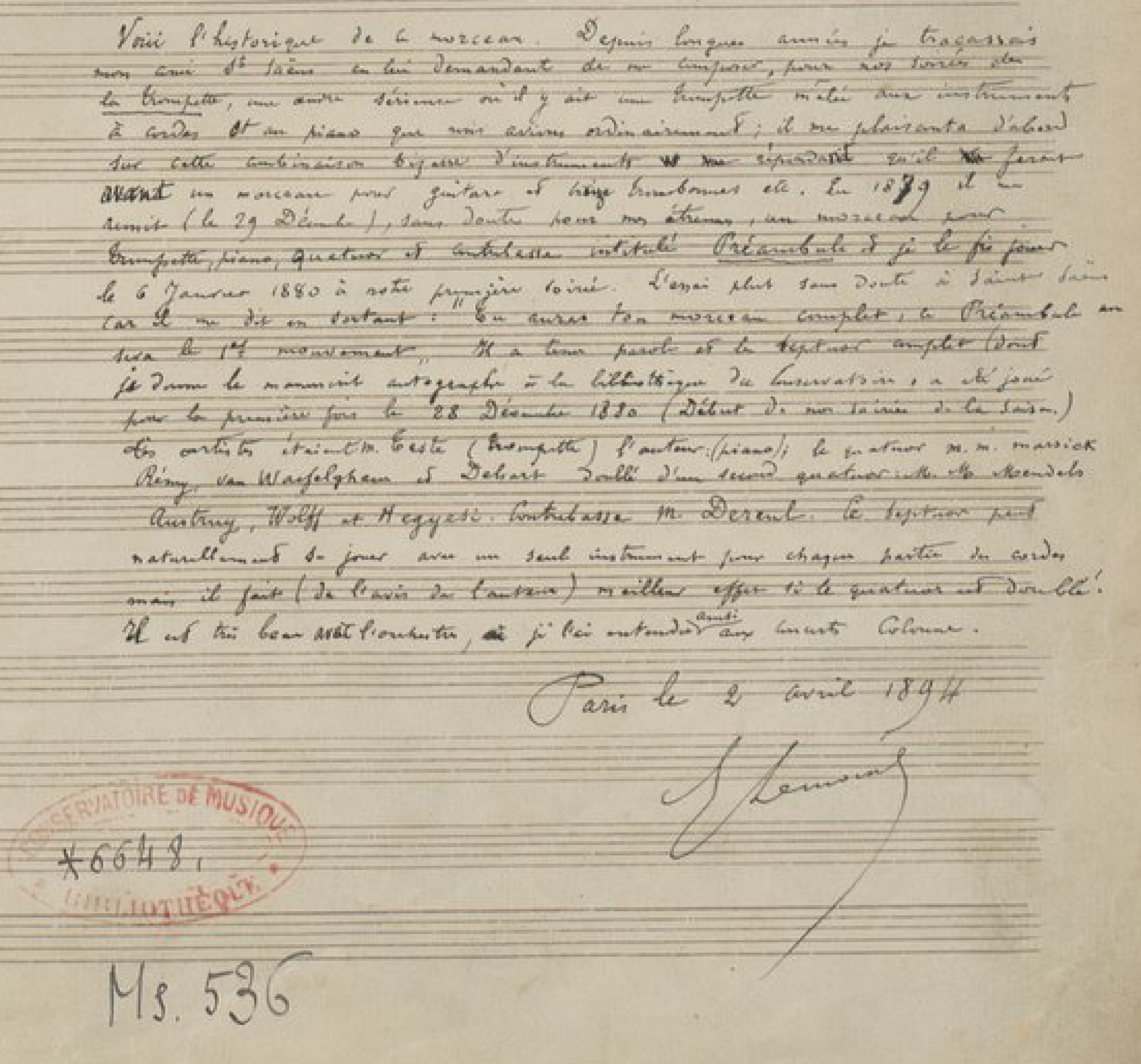 détail de la page de titre du manuscrit autographe de la partition ayant appartenu à Émile Lemoine, cliquer pour une vue agrandie