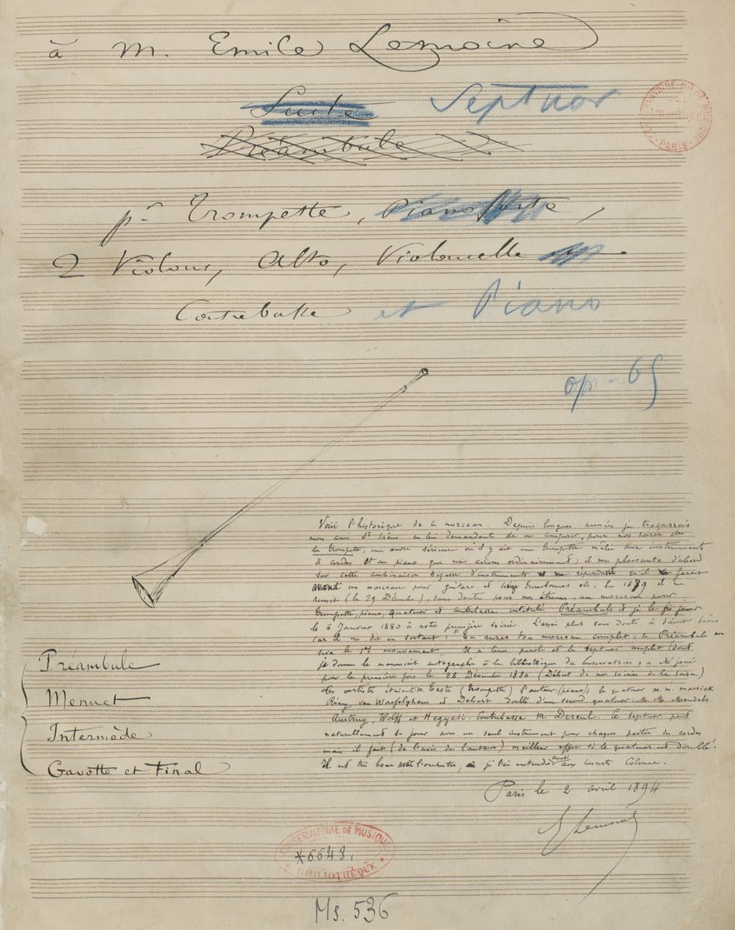 page de titre du manuscrit autographe de la partition ayant appartenu à Émile Lemoine, cliquer pour une vue agrandie
