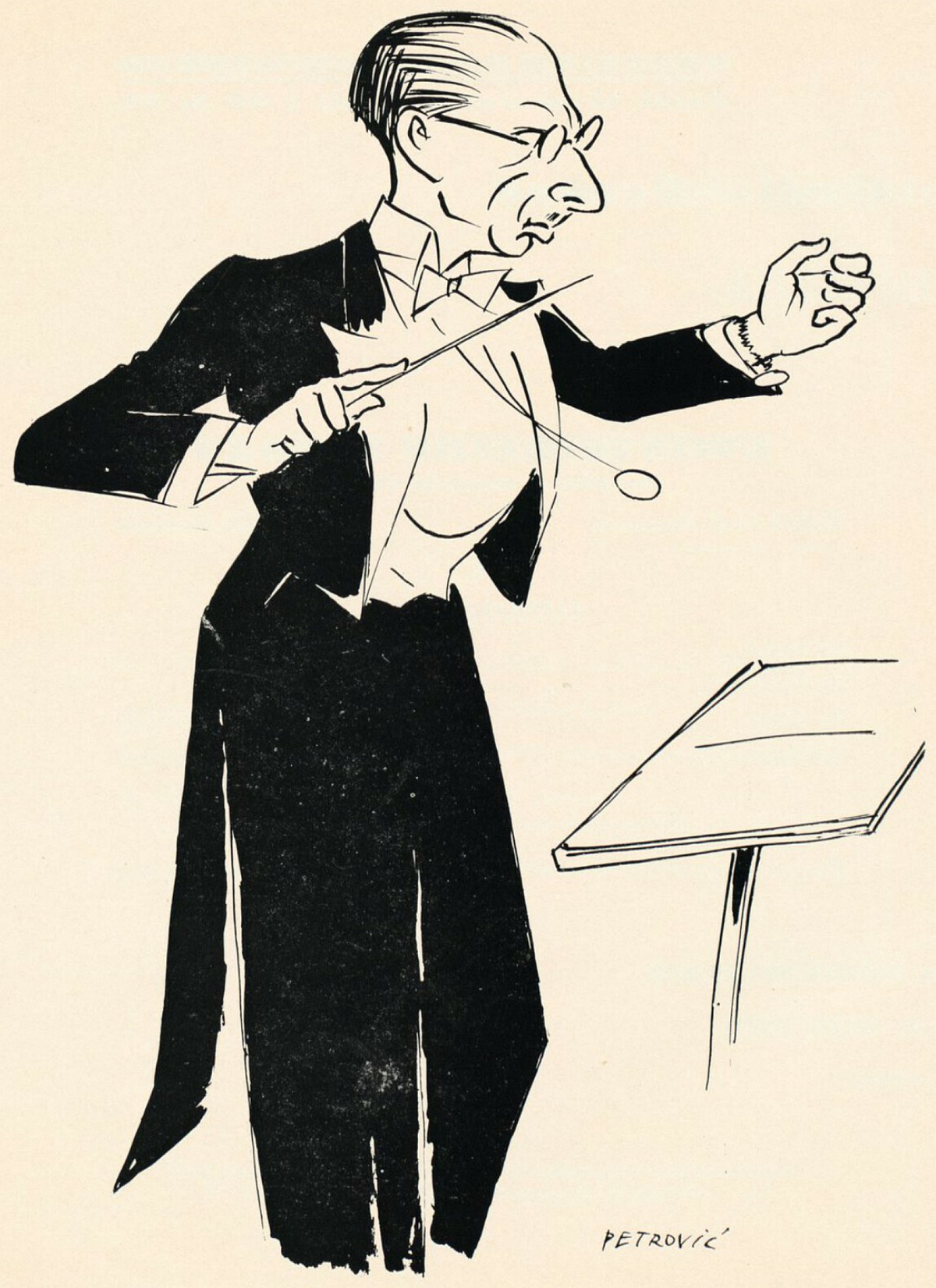 Igor Strawinski, env. 1934, «croqué» par le caricaturiste genevois Petrovic - Cliquer sur la photo pour l'original et ses références