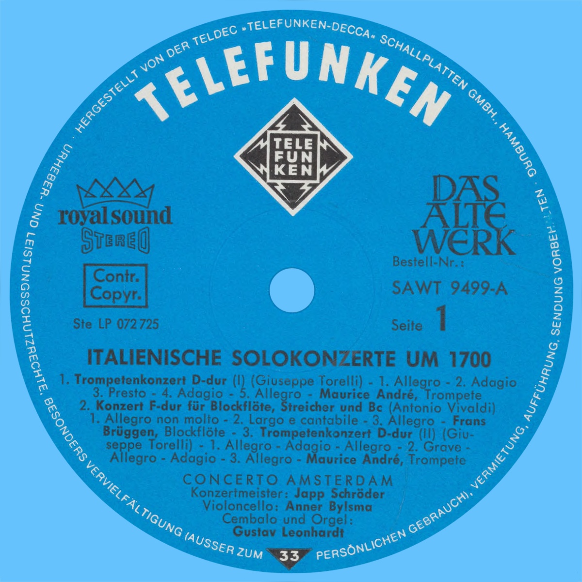 Étiquette recto du disque Telefunken, Das Alte Werk, SAWT 9499-A