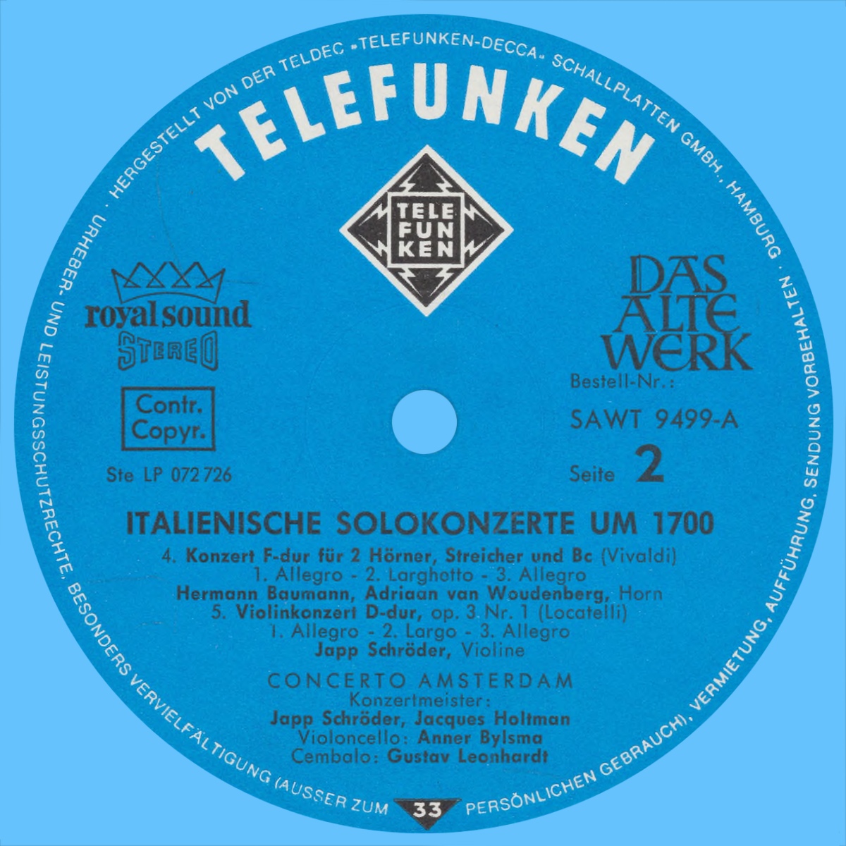 Étiquette verso du disque Telefunken, Das Alte Werk, SAWT 9499-A