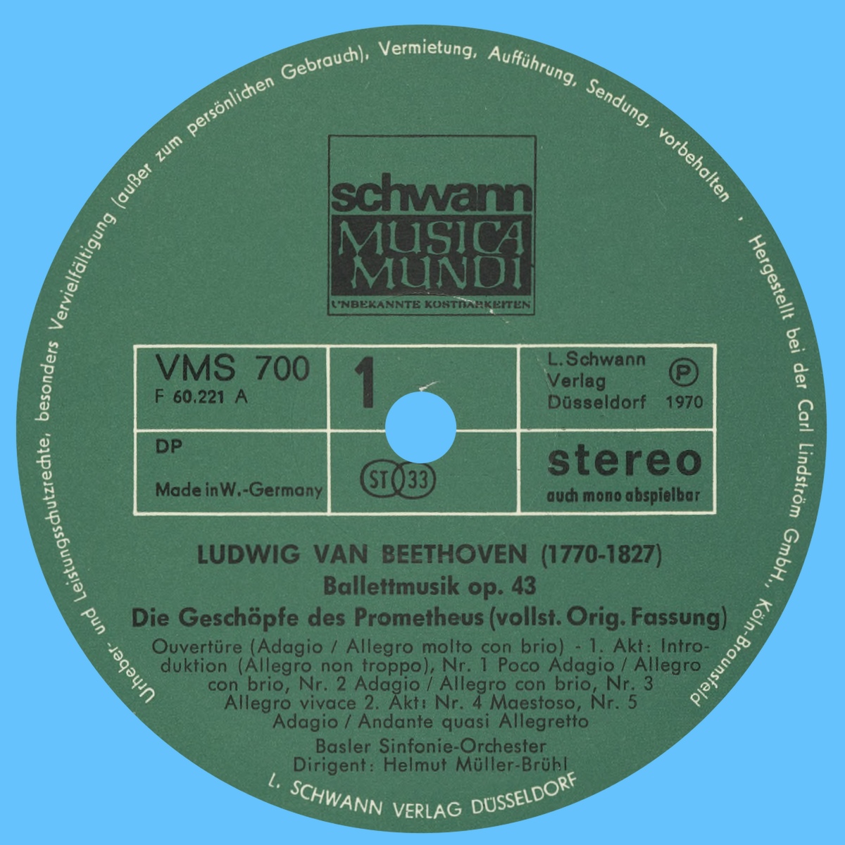 Étiquette recto du premier disque de l'album Schwann Musica Mundi VMS 700/701