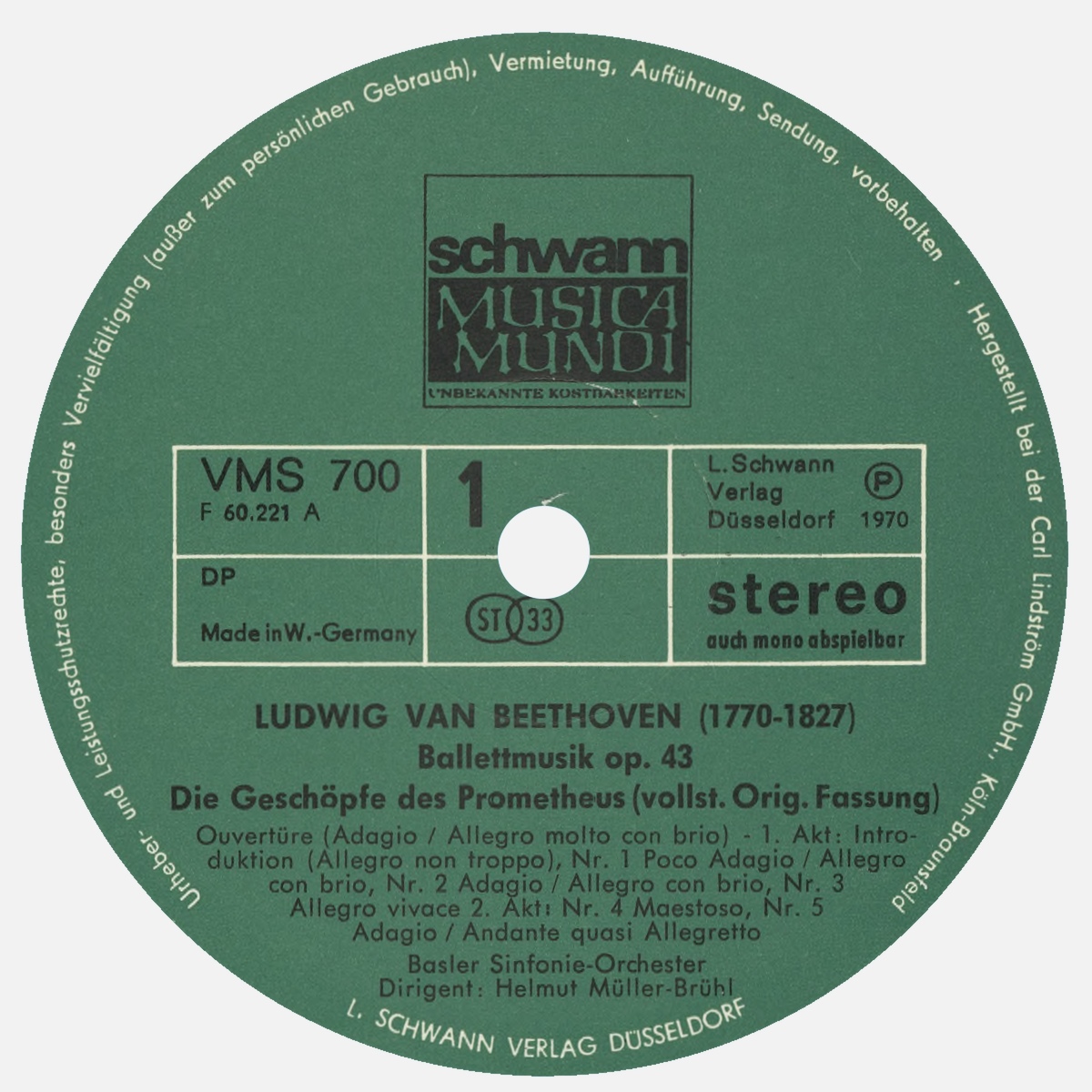 Étiquette recto du premier disque de l'album Schwann Musica Mundi VMS 700/701, cliquer pour un agrandissement de la photo