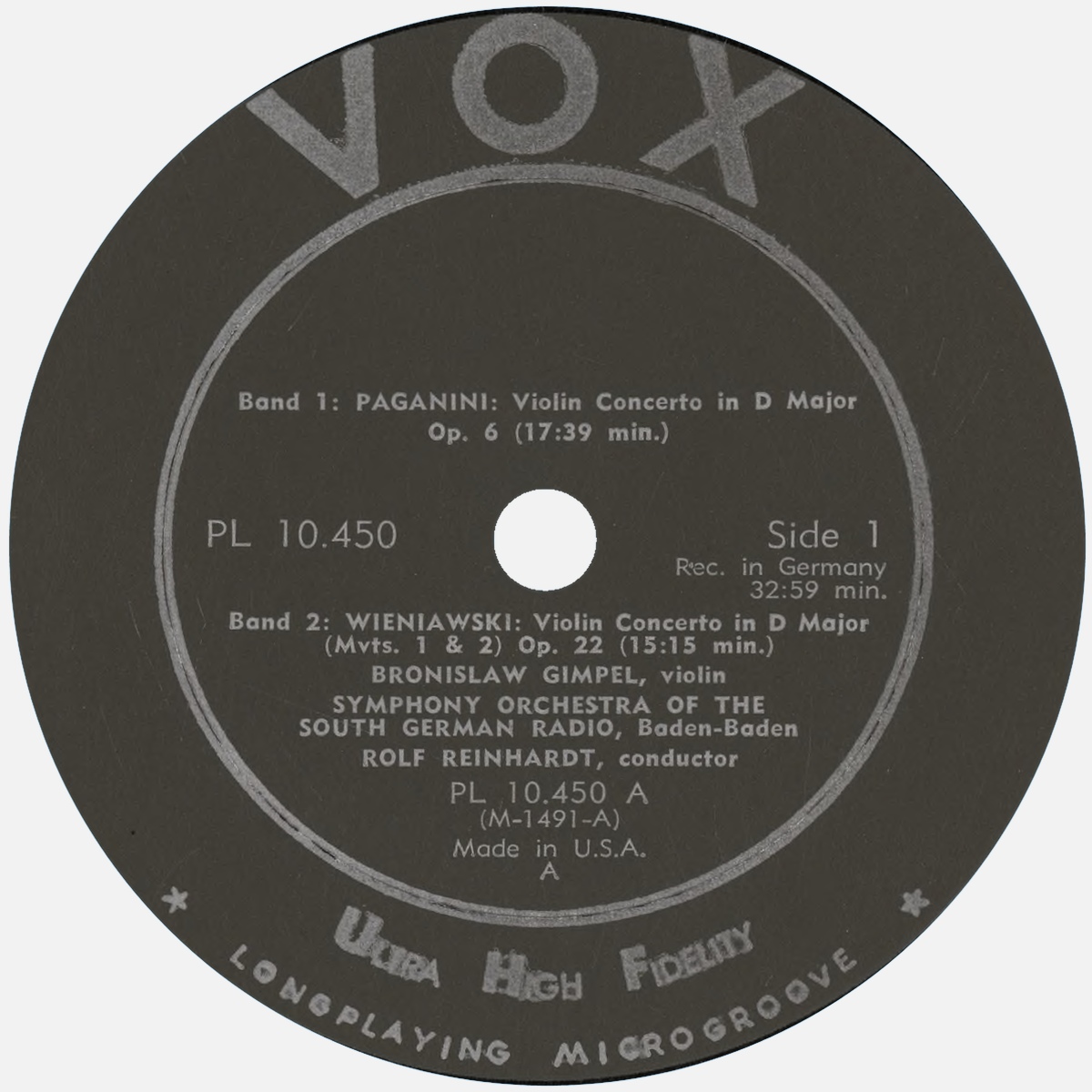 Étiquette recto du disque VOX PL 10.450