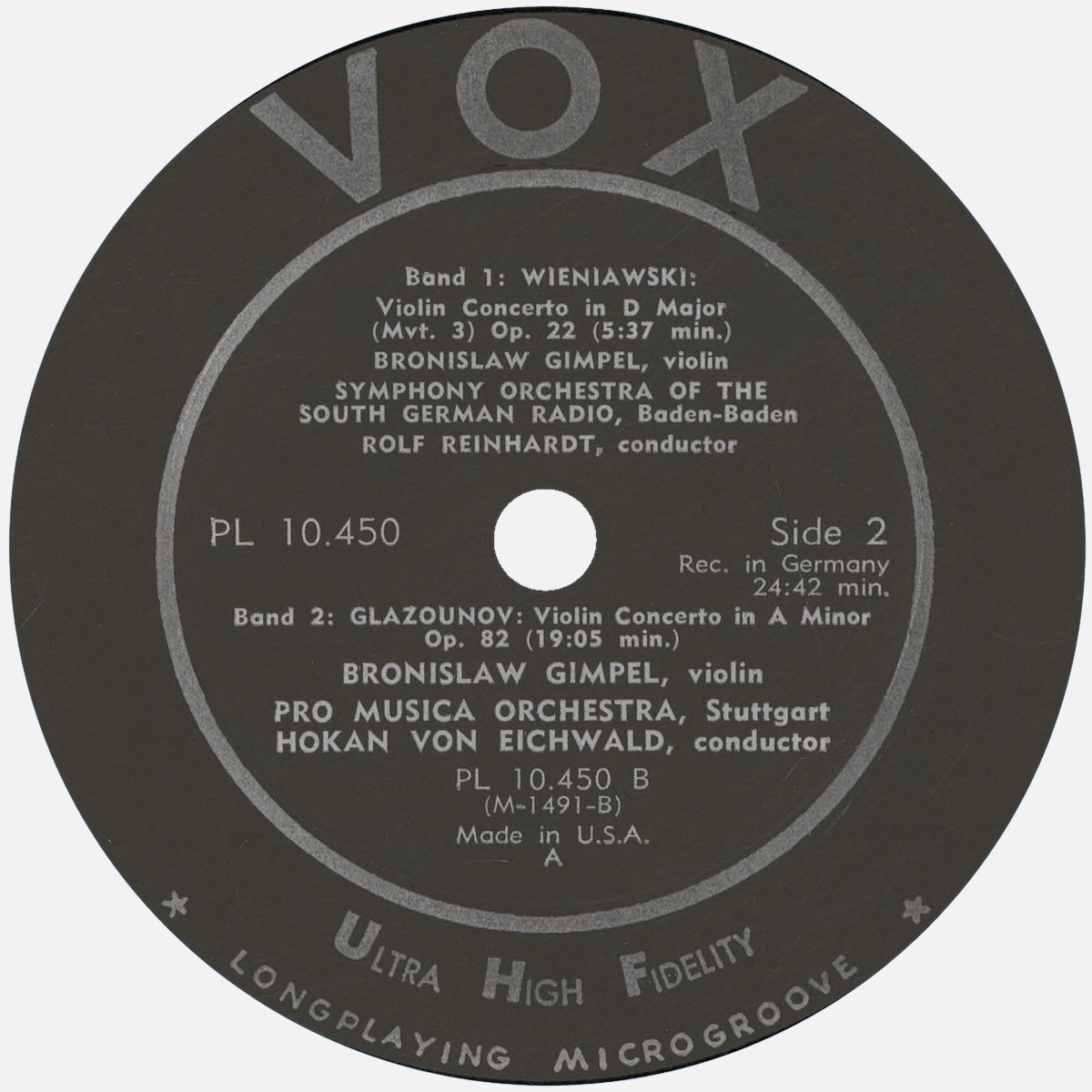 Étiquette verso du disque VOX PL 10.450
