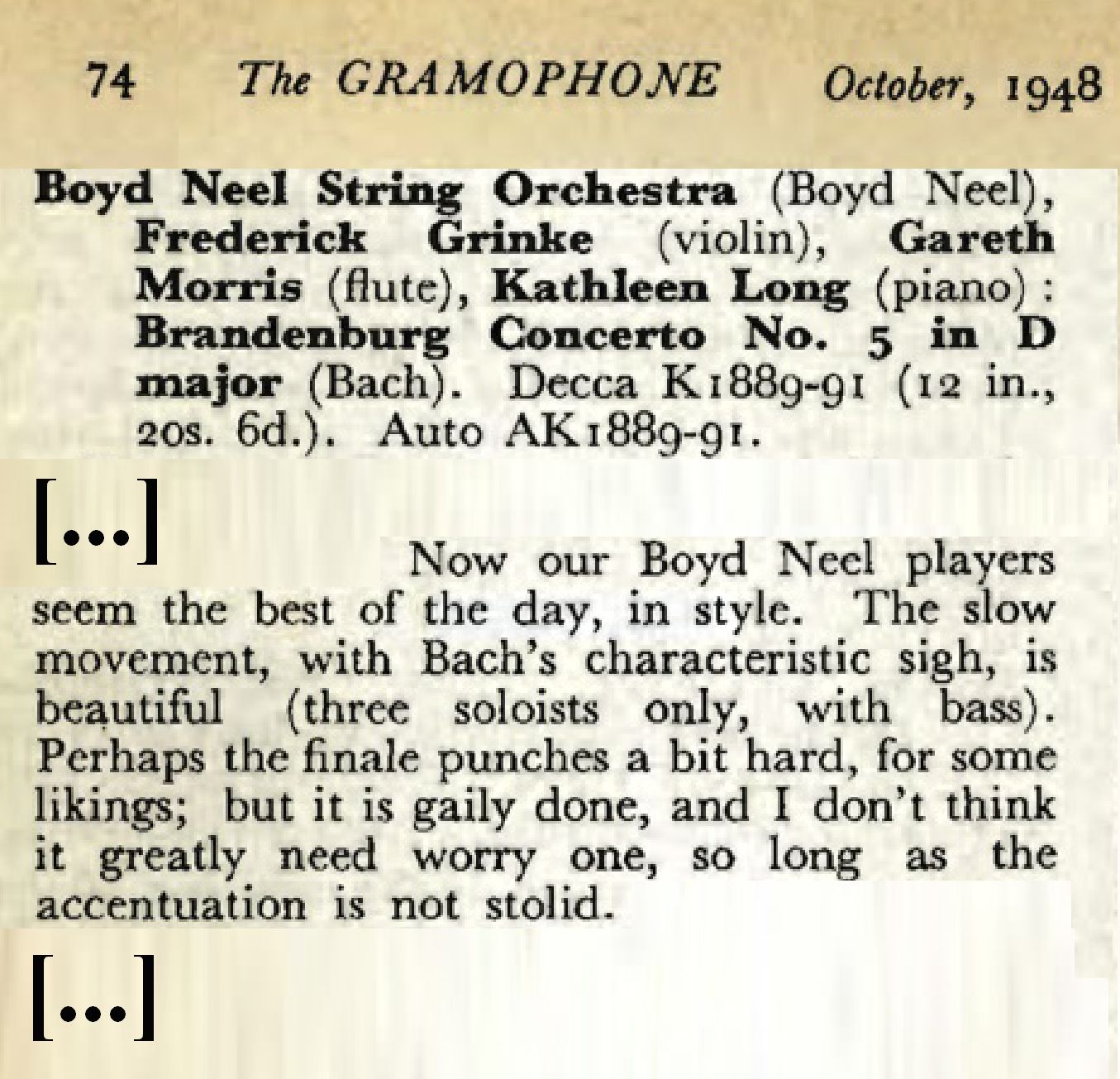 Extrait du compte-rendu paru dans la revue The GRAMOPHONE d'octobre 1948 en page 74