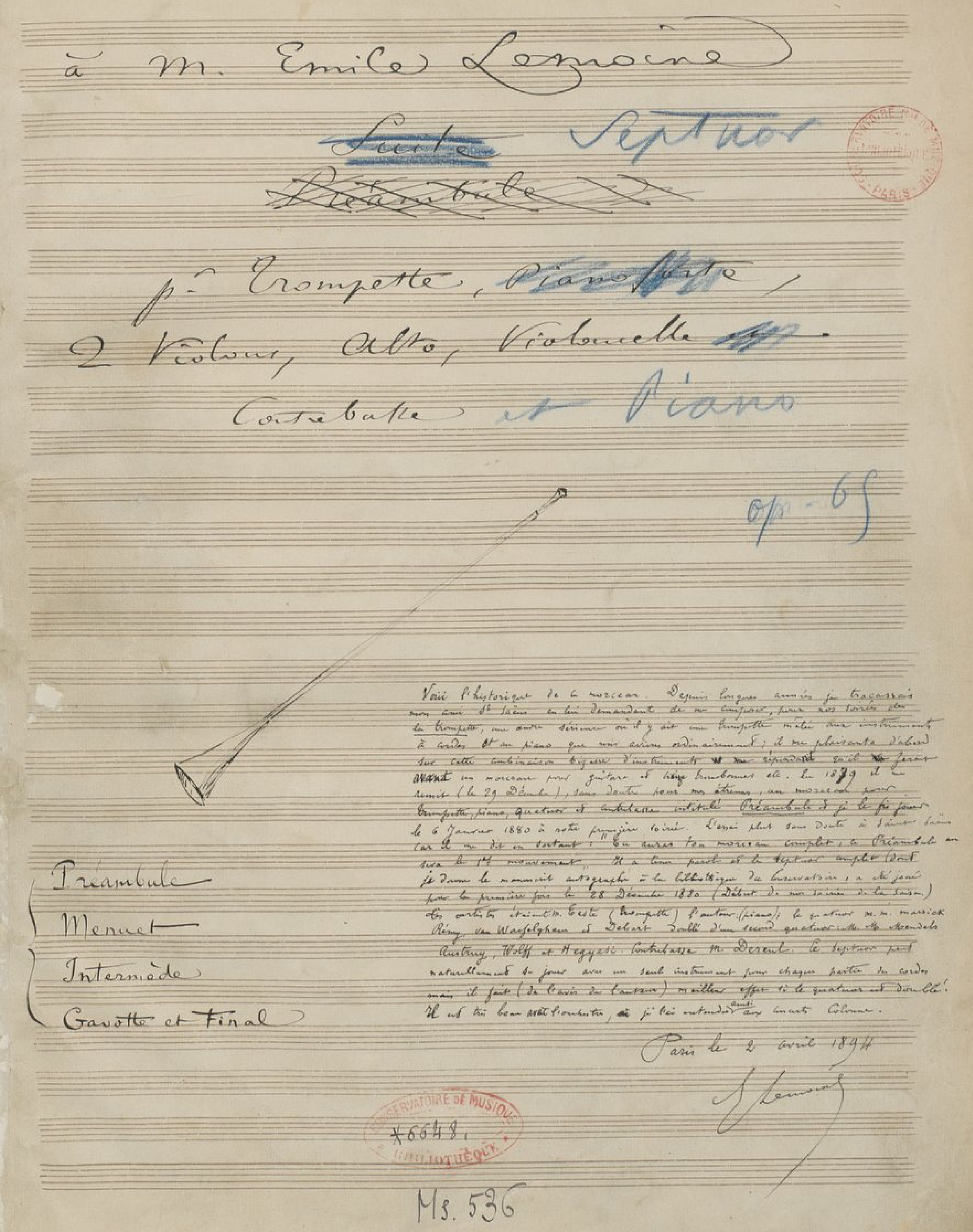 SaintSaens Op65 page titre partition autographe