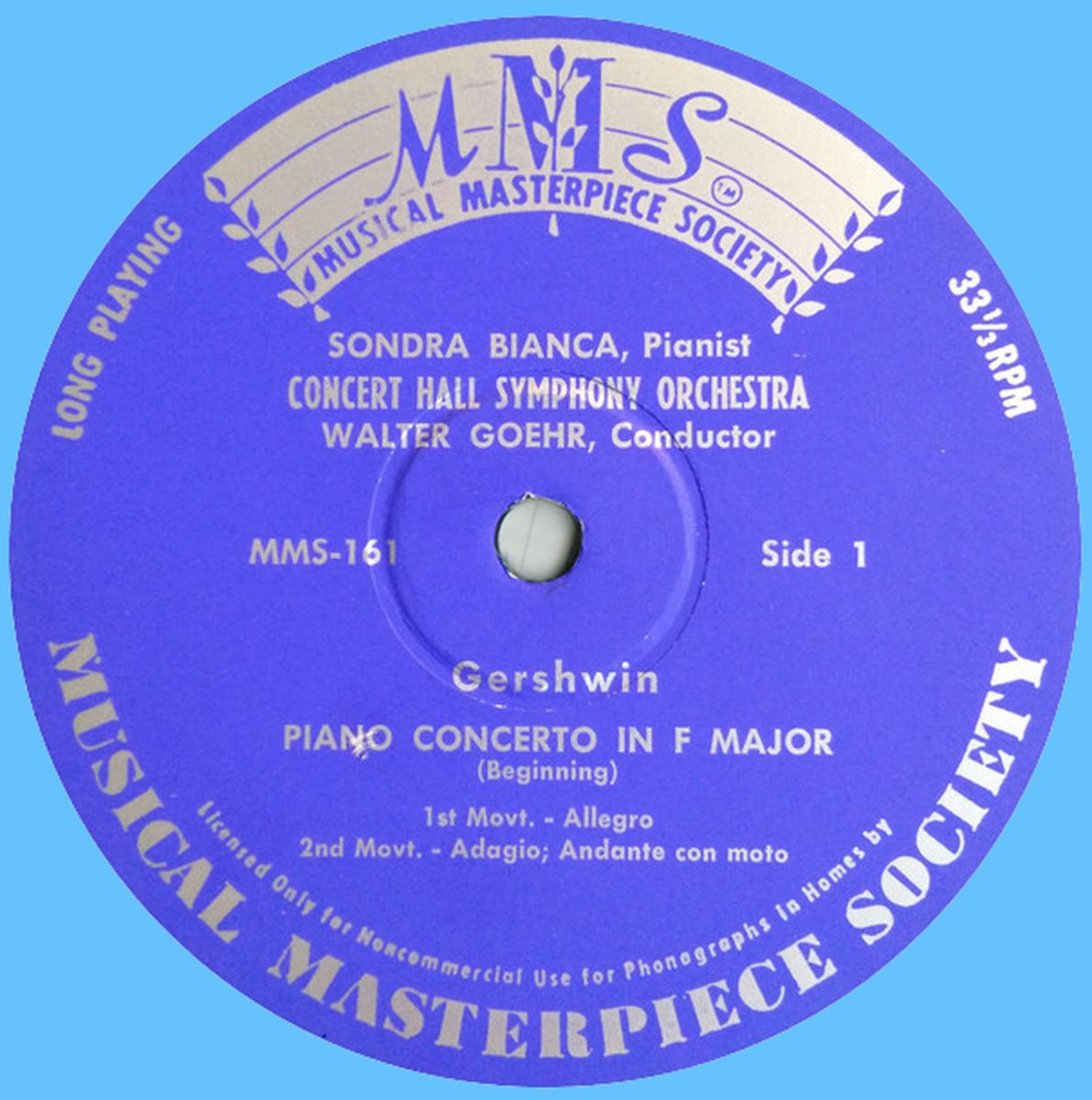 Étiquette recto du disque «Musical Masterpiece Society» MMS-161