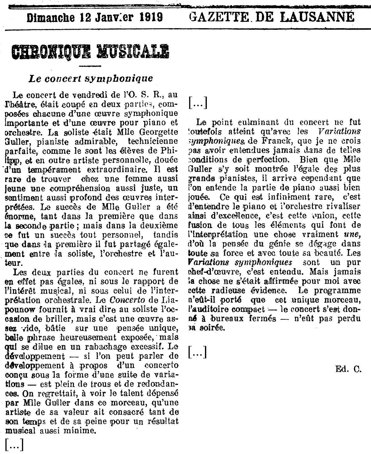 Extrait de la Gazette de Lausanne du 12 janvier 1919, compte-rendu du premier concert donné par Youra Guller avec Ernest Ansermet