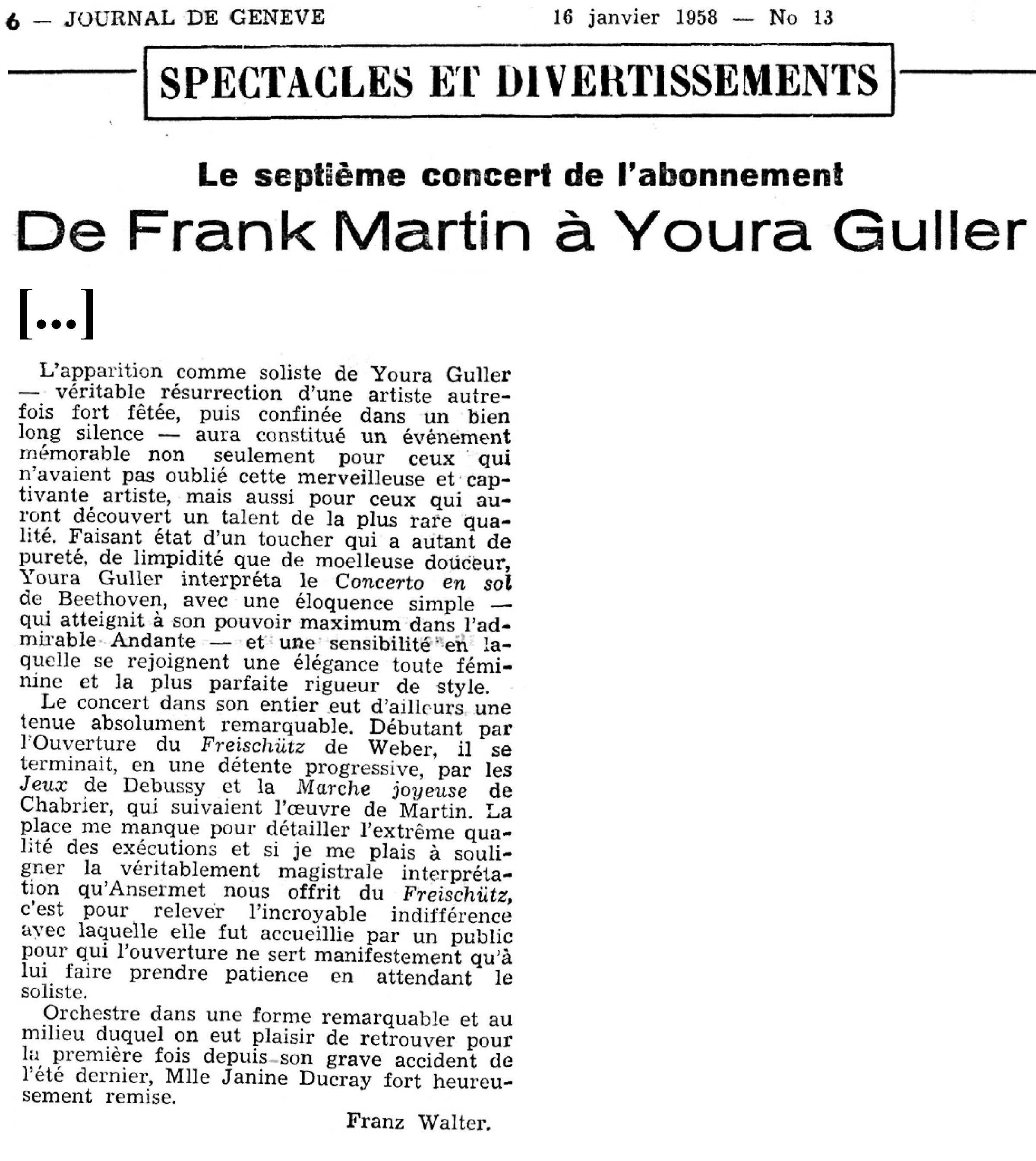 Le compte-rendu du concert du 15 janvier 1958 (Extrait), signé Franz Walter, paru dans le Journal de Genève du 16 janvier 1958, en page 6